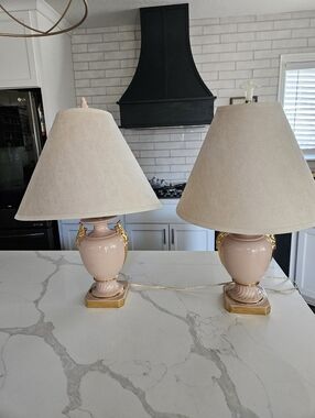 Pair of Pink & Gold Mid Century Modern Porcelain Table Urn Lamps EUC